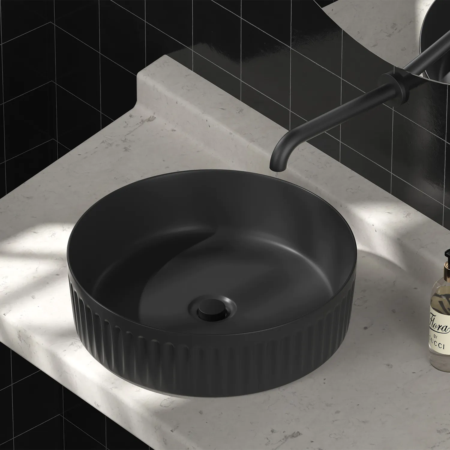 15 inches matte black ceramic round vessel sink for bathroom, 40cm circular countertop basin